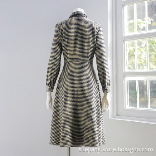 Women Casual Black-and-white Checked Long-sleeved Dress